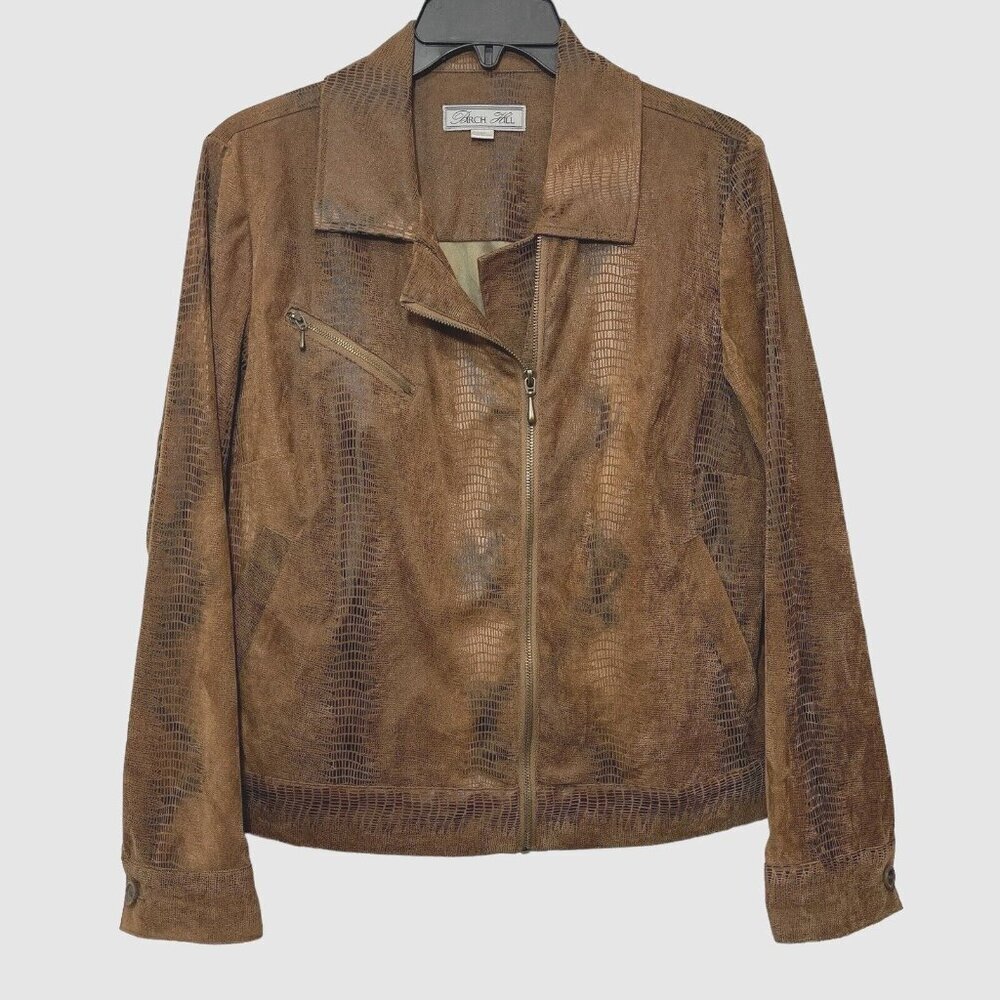 BIRCH HILL Snakeskin Moto Trucker Jacket Women Medium Brown Multi Faux‎ Suede - Picture 4 of 14